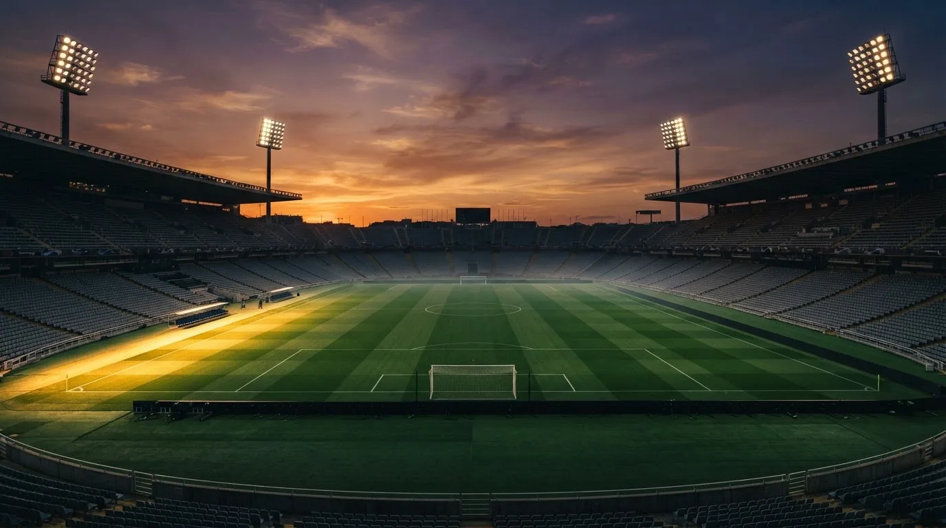 Un estadio de fútbol vacío con torres de iluminación al atardecer