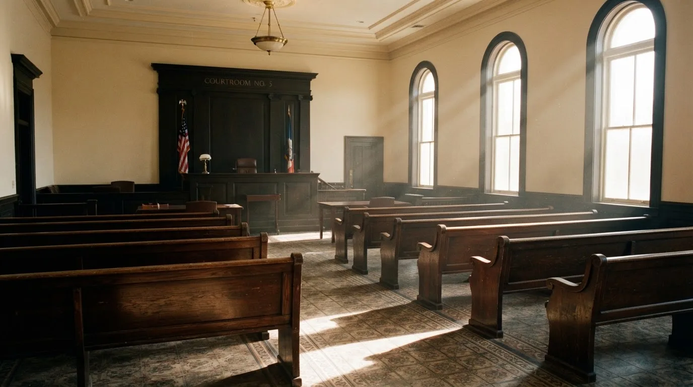 Una sala de tribunal vacía con bancos de madera a la luz de la mañana