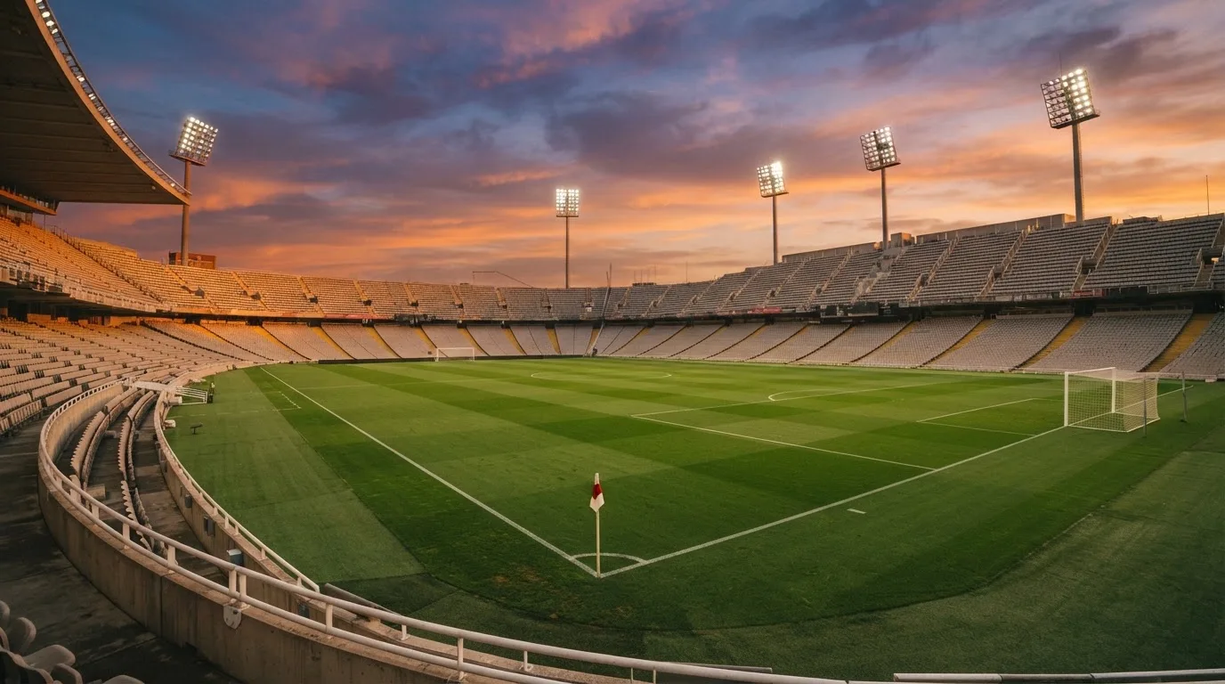 Un estadio de fútbol vacío con torres de iluminación al atardecer