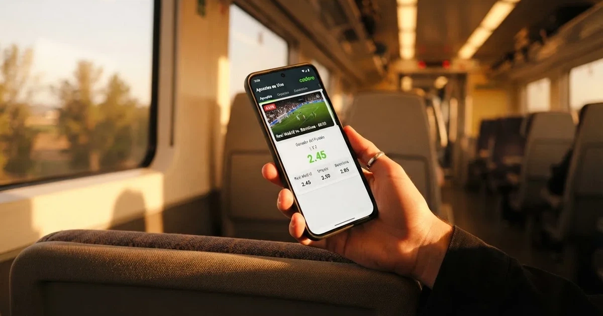 Una mano sostiene un móvil en el tren por la tarde, con la pantalla girada