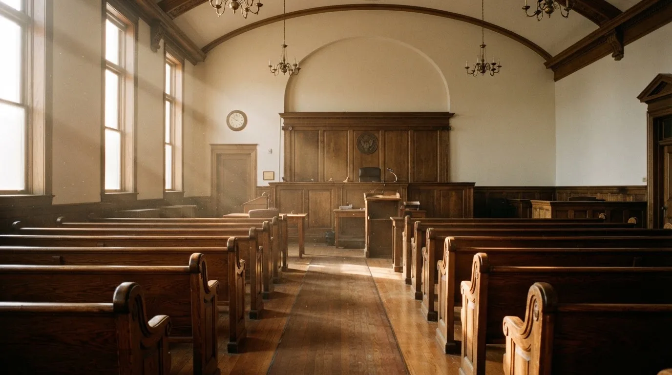 Una sala de tribunal vacía con bancos de madera a la luz de la mañana