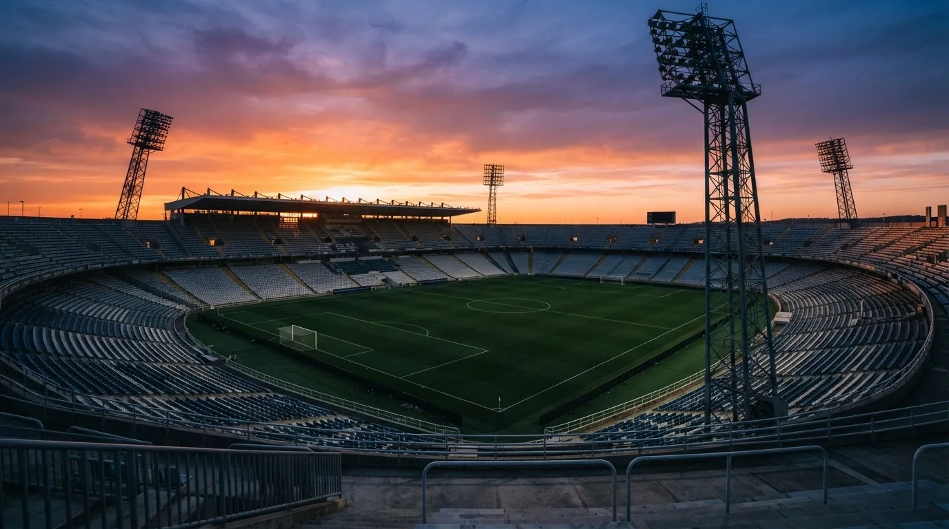 Un estadio de fútbol vacío con torres de iluminación al atardecer