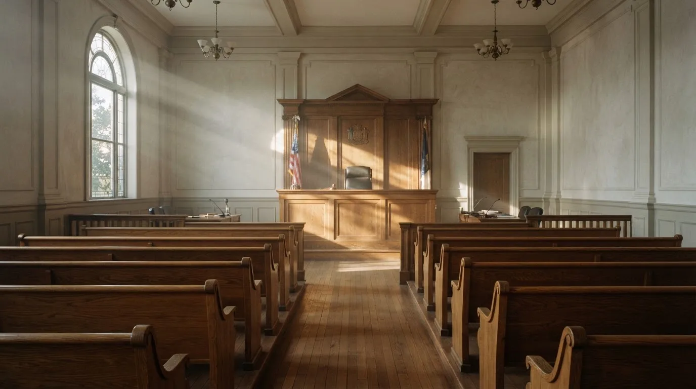 Una sala de tribunal vacía con bancos de madera a la luz de la mañana