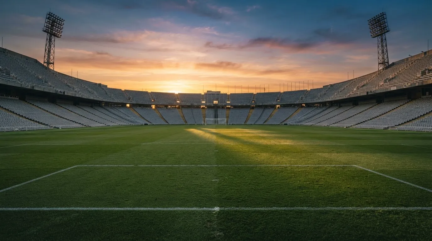 Un estadio de fútbol vacío con torres de iluminación al atardecer