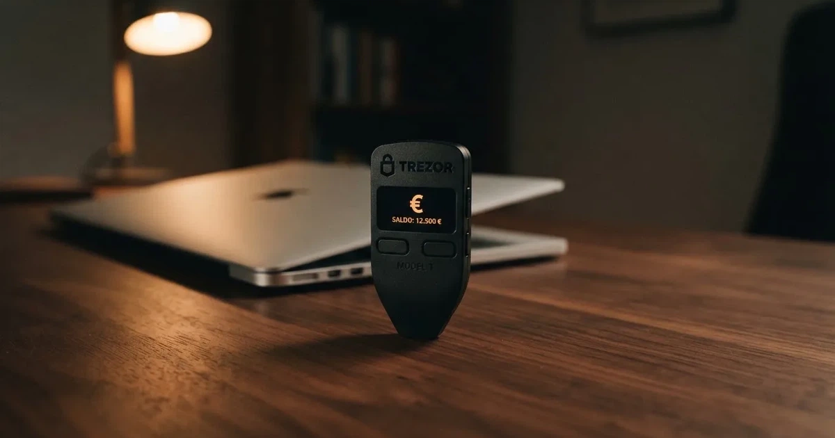 Un monedero físico de criptomonedas y un portátil cerrado sobre un escritorio con poca luz