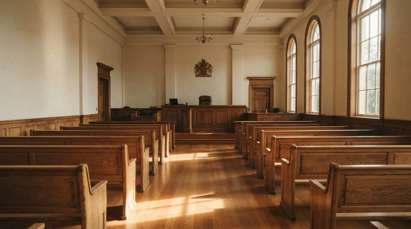 Una sala de tribunal vacía con bancos de madera a la luz de la mañana