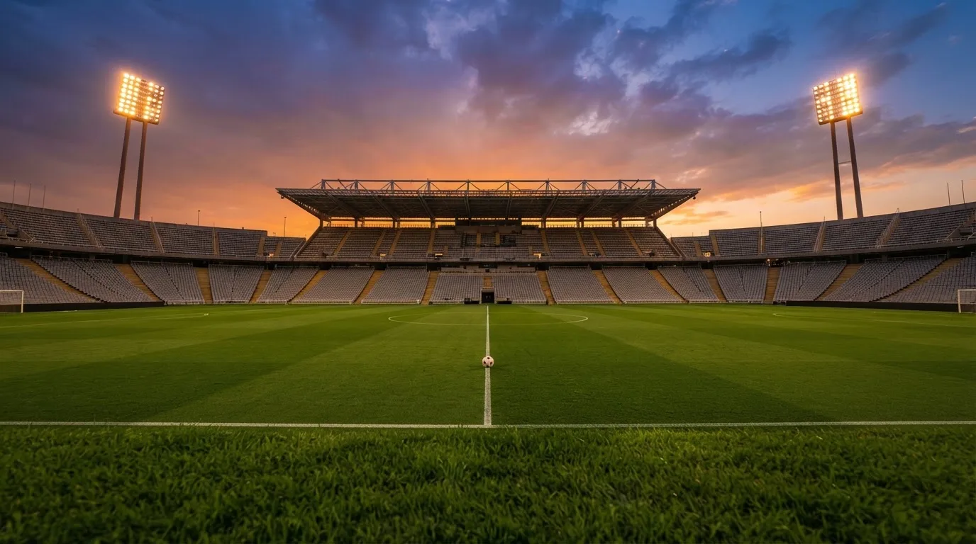 Un estadio de fútbol vacío con torres de iluminación al atardecer