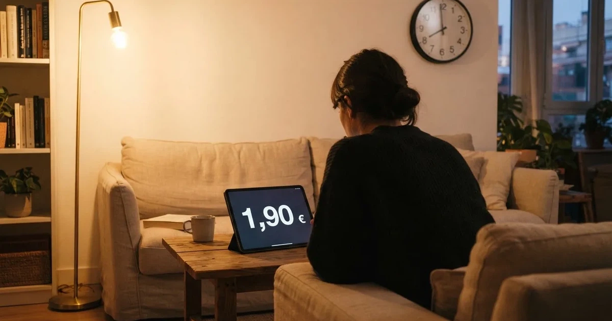 Una persona en el sofá mira pensativa una tableta, con un reloj de pared al fondo