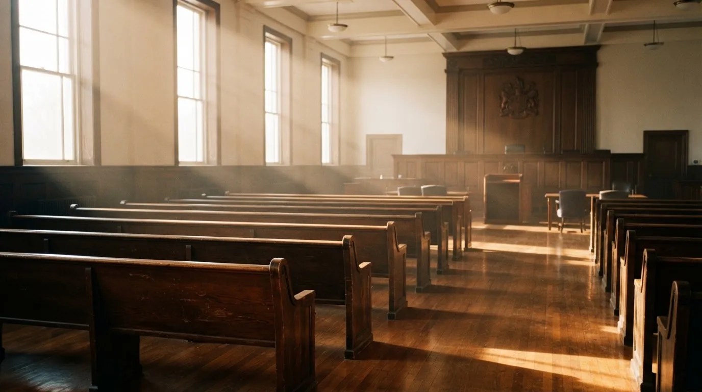 Una sala de tribunal vacía con bancos de madera a la luz de la mañana