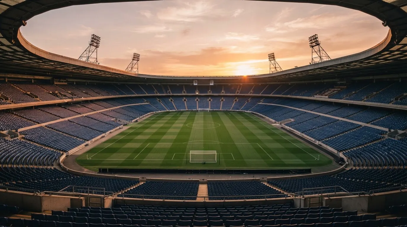 Un estadio de fútbol vacío con torres de iluminación al atardecer