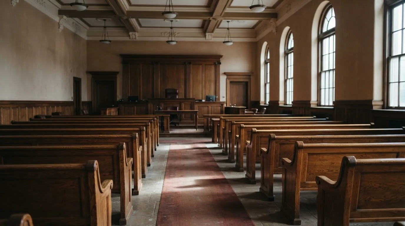 Una sala de tribunal vacía con bancos de madera a la luz de la mañana