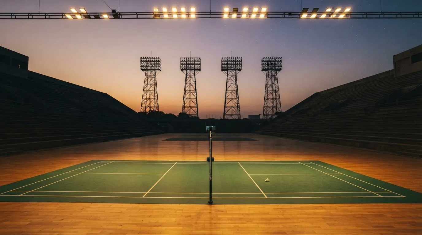 Un estadio de fútbol vacío con torres de iluminación al atardecer