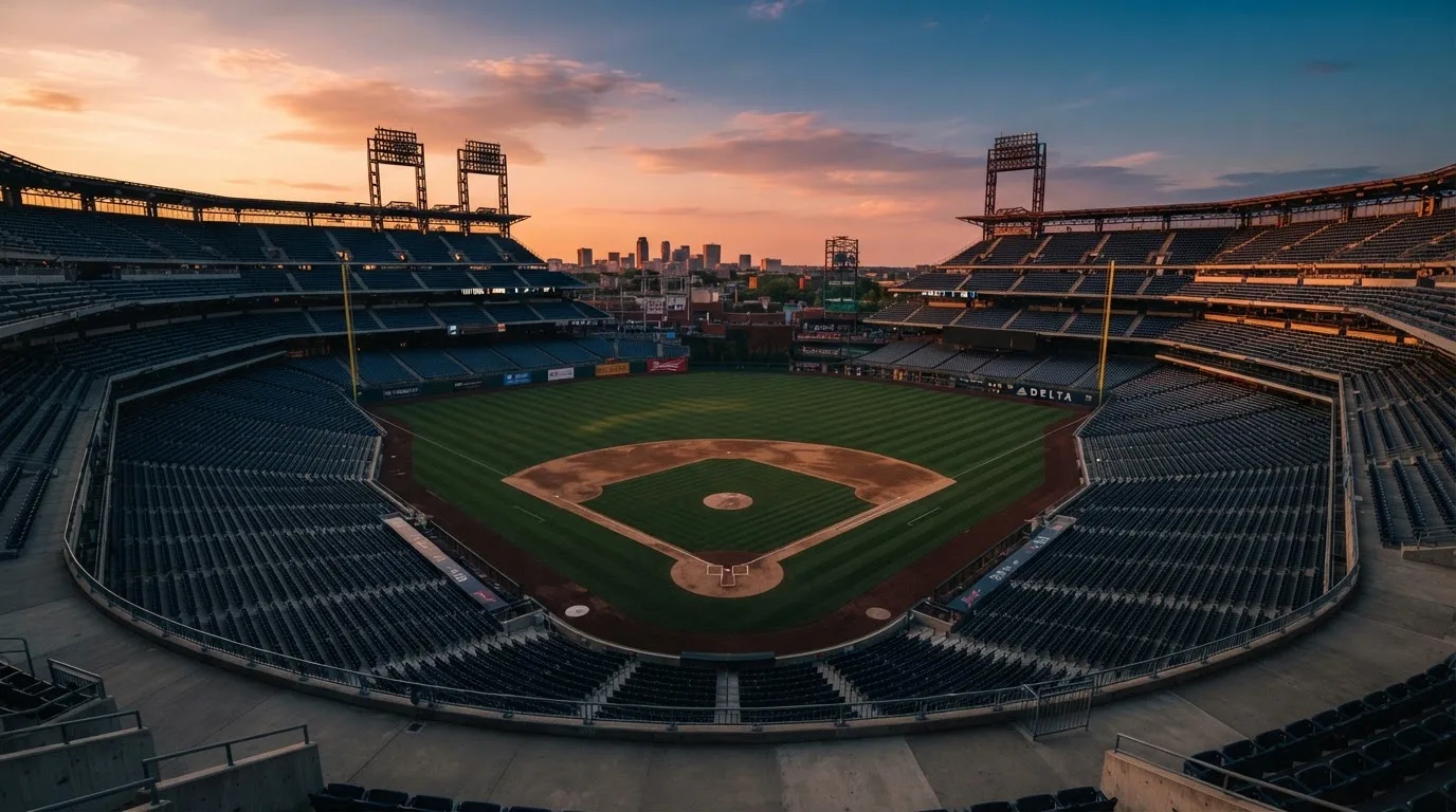 Un estadio de fútbol vacío con torres de iluminación al atardecer