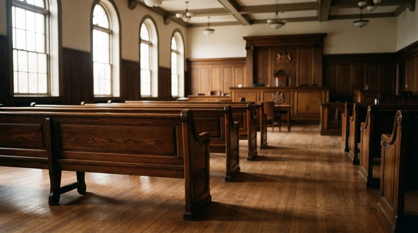 Una sala de tribunal vacía con bancos de madera a la luz de la mañana