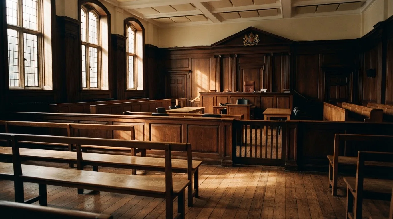 Una sala de tribunal vacía con bancos de madera a la luz de la mañana