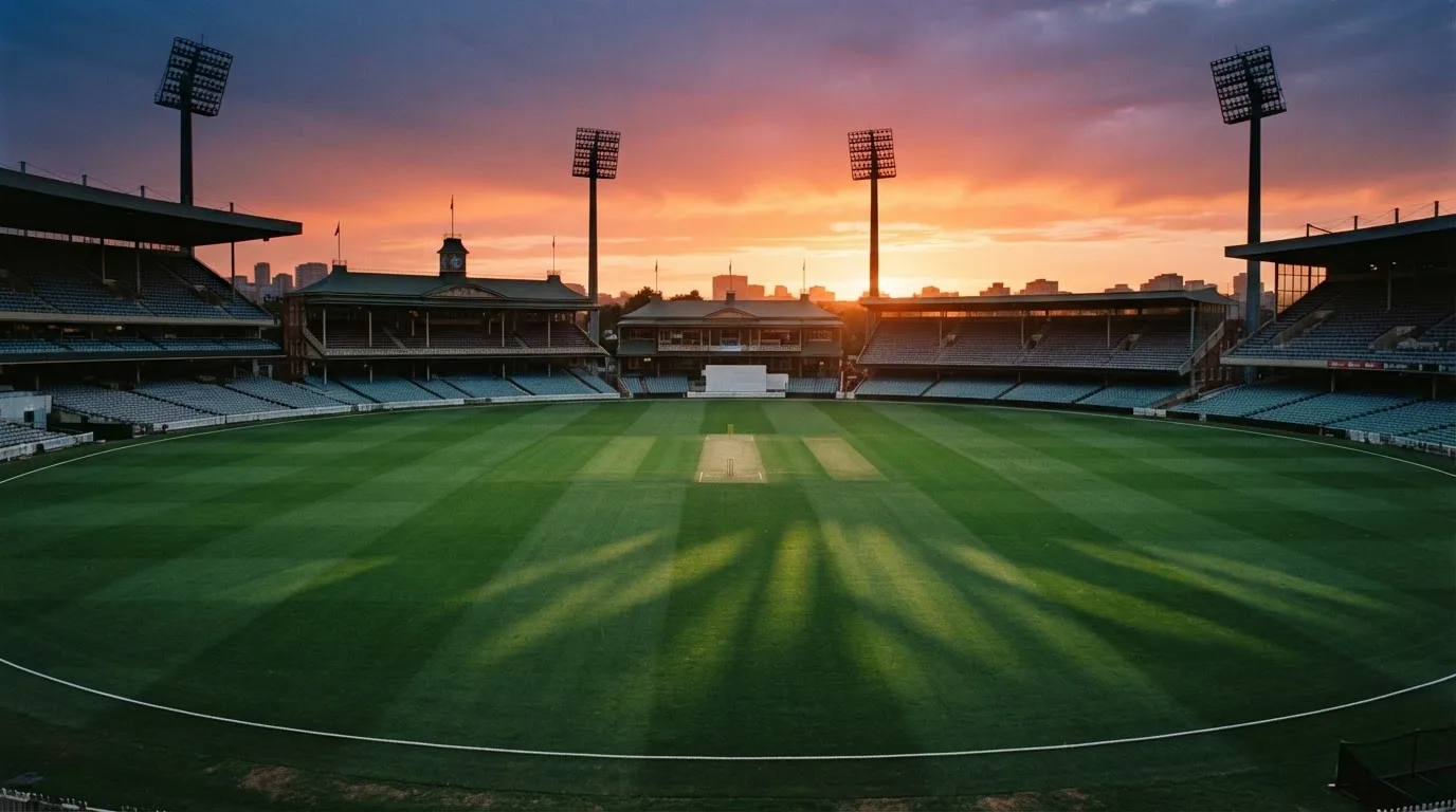 Un estadio de fútbol vacío con torres de iluminación al atardecer
