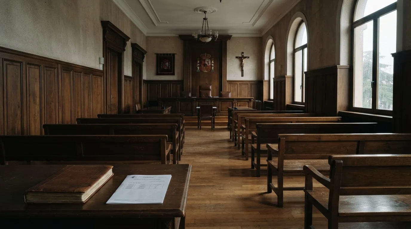 Una sala de tribunal vacía con bancos de madera a la luz de la mañana