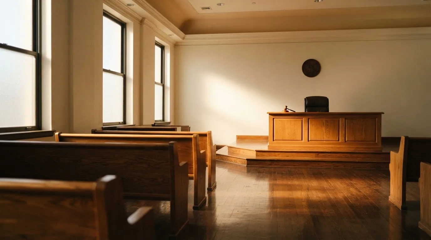 Una sala de tribunal vacía con bancos de madera a la luz de la mañana