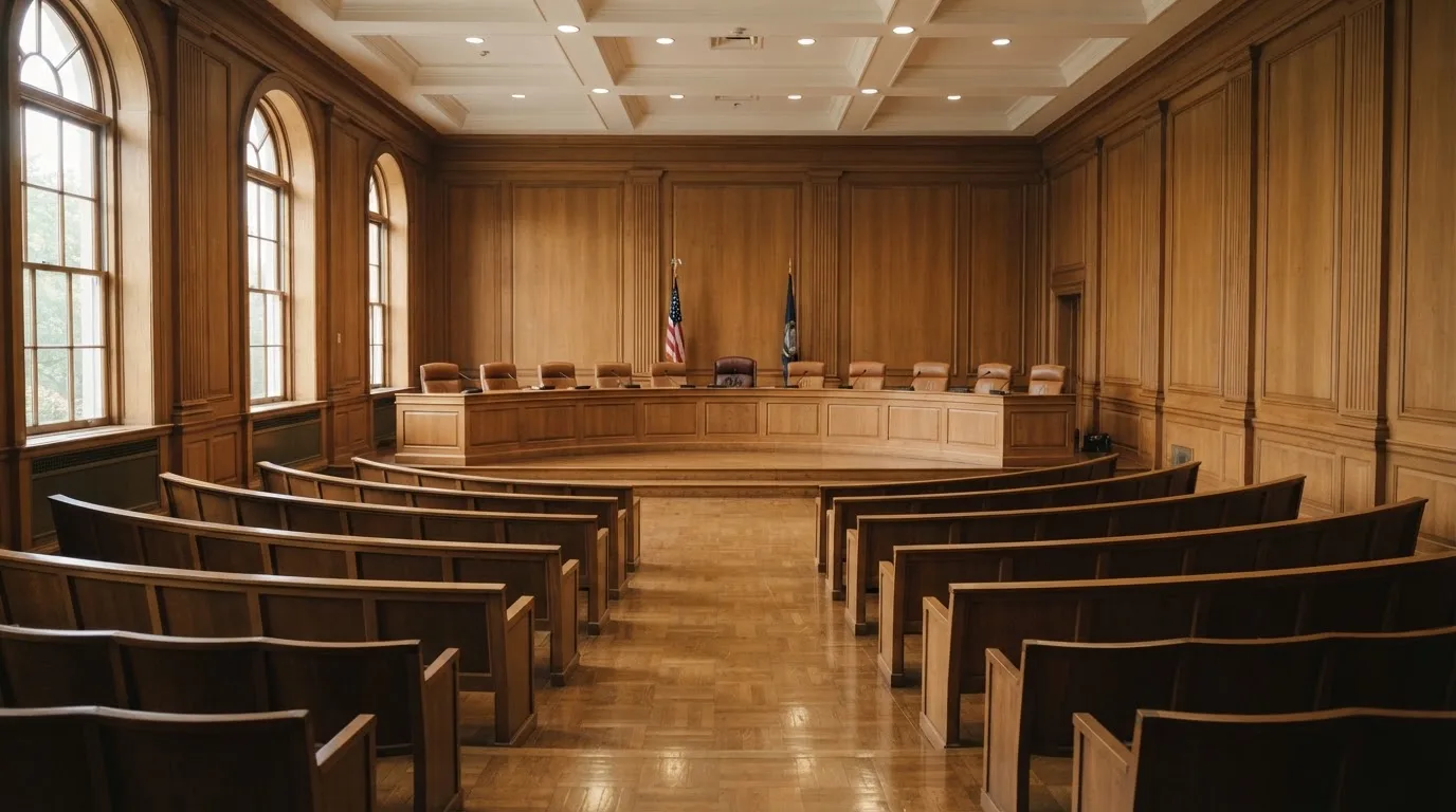 Una sala de tribunal vacía con bancos de madera a la luz de la mañana