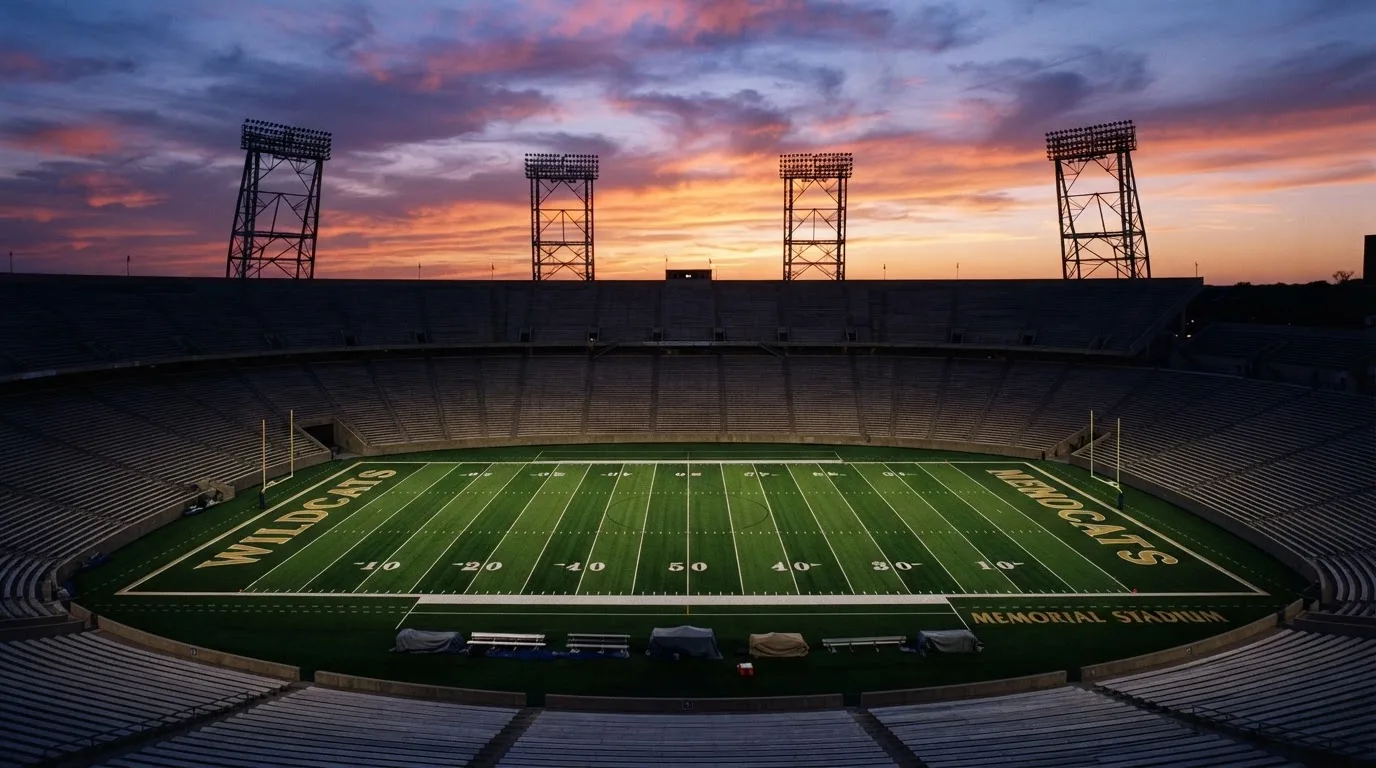 Un estadio de fútbol vacío con torres de iluminación al atardecer