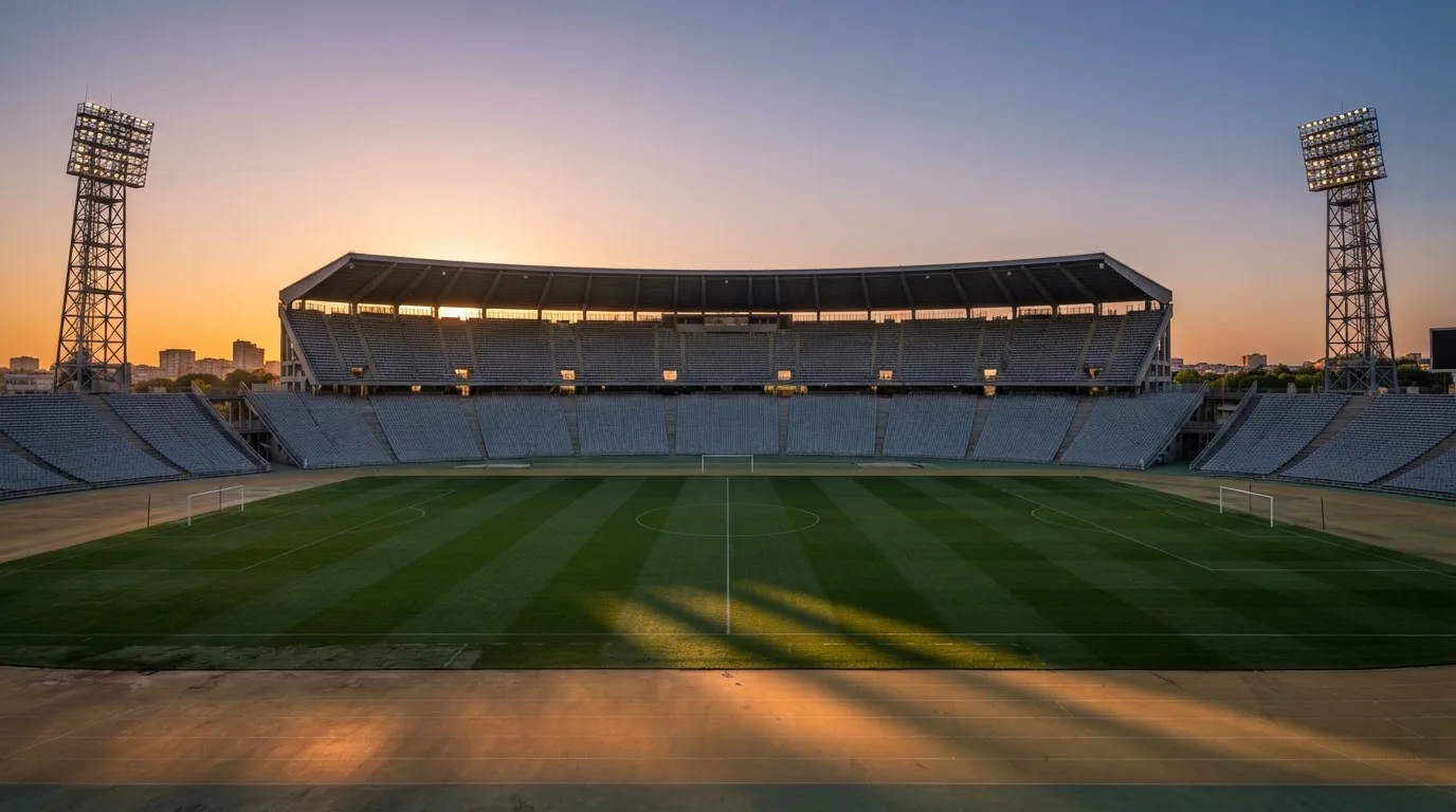 Un estadio de fútbol vacío con torres de iluminación al atardecer