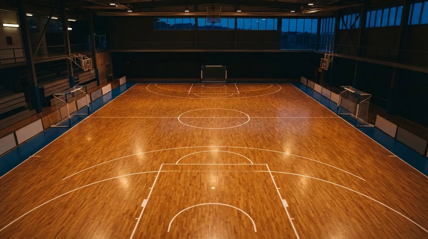 Un estadio de fútbol vacío con torres de iluminación al atardecer