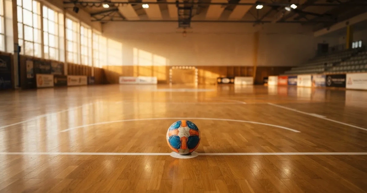 Un balón en el punto central de un campo de césped a la luz de la mañana