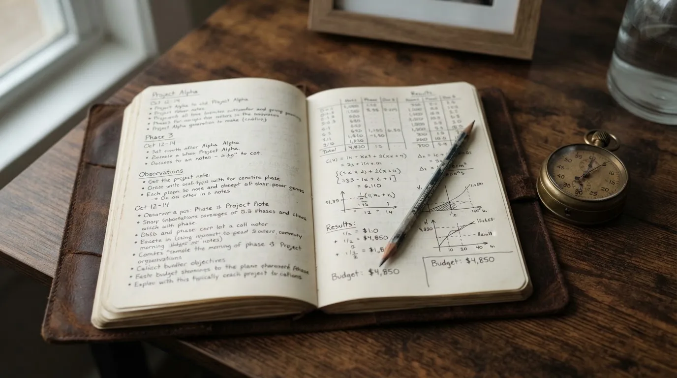 Un cuaderno abierto con un lápiz y un cronómetro sobre una mesa de madera