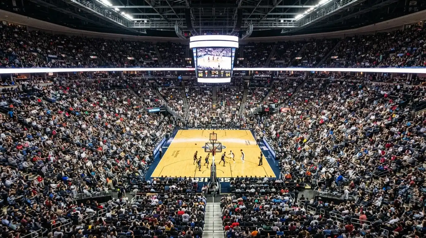 Un pabellón deportivo lleno bajo los focos, fotografiado desde muy lejos
