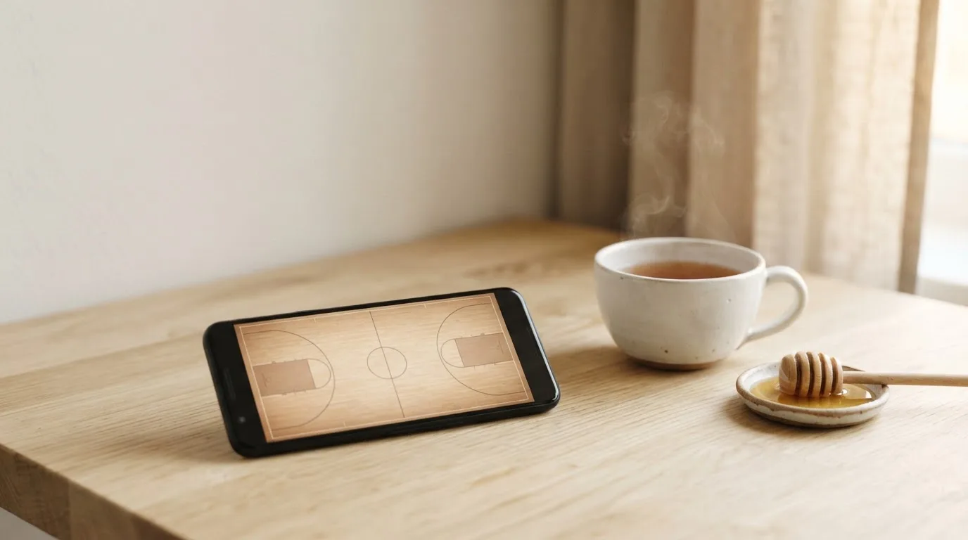 Una mano deja un móvil junto a una taza de té sobre la mesa de la cocina, una tarde tranquila