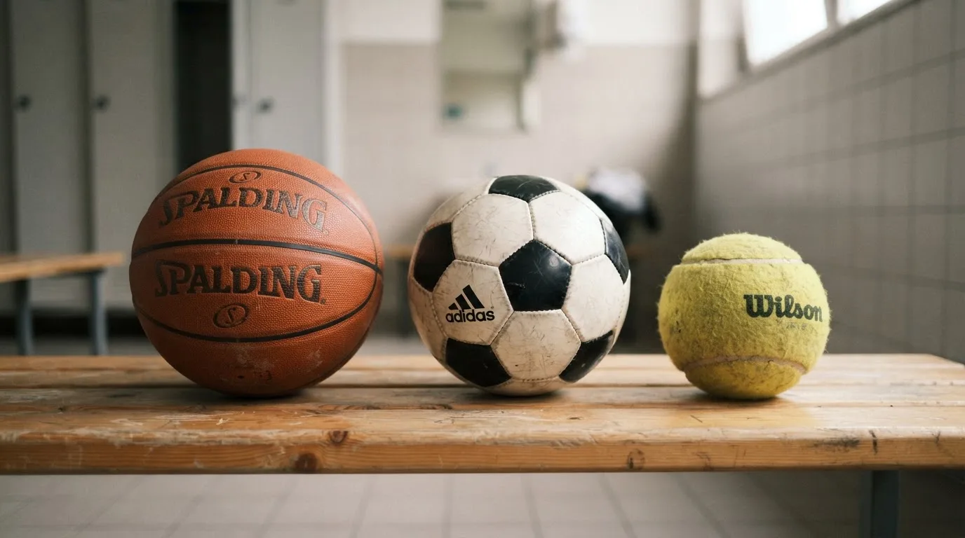 Tres balones de distintos tipos, uno junto a otro, sobre un banco de madera