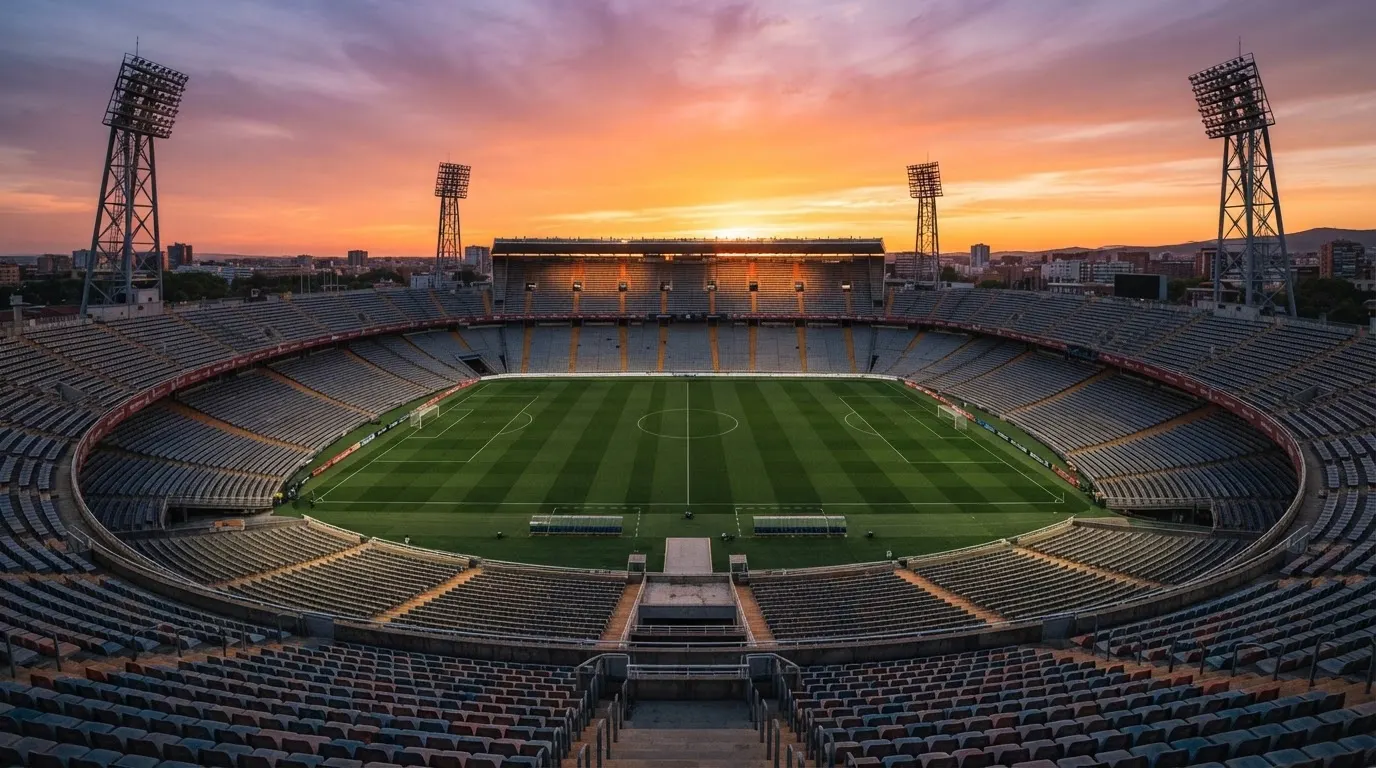 Un estadio de fútbol vacío con torres de iluminación al atardecer