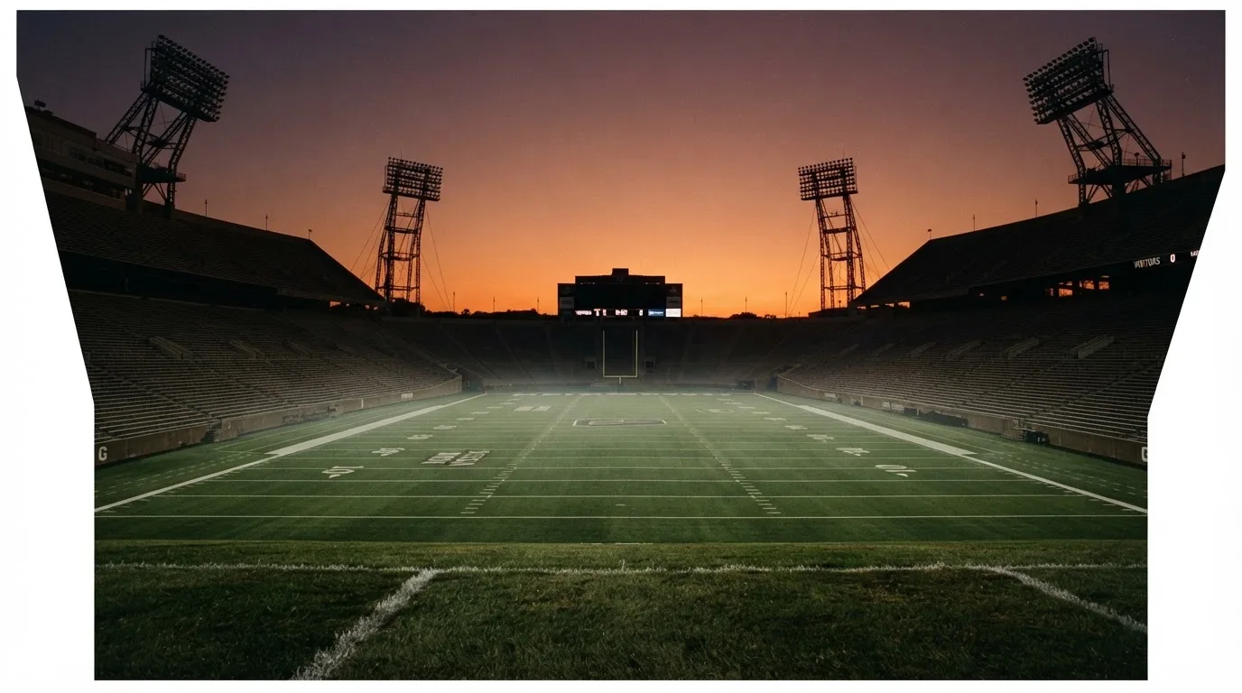 Un estadio de fútbol vacío con torres de iluminación al atardecer