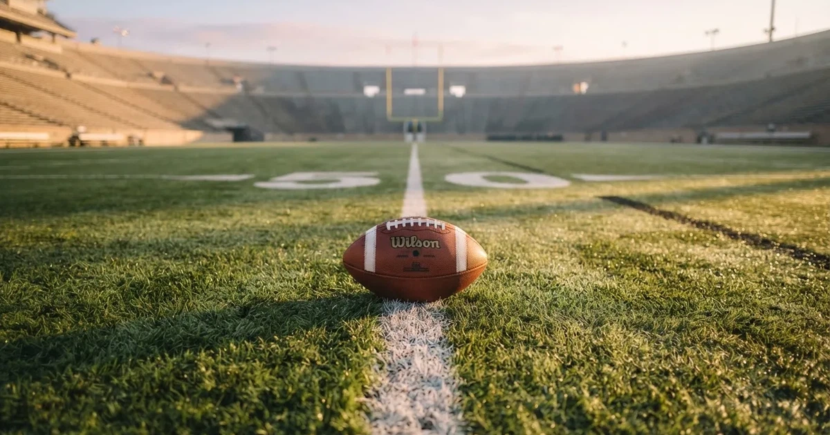 Un balón en el punto central de un campo de césped a la luz de la mañana