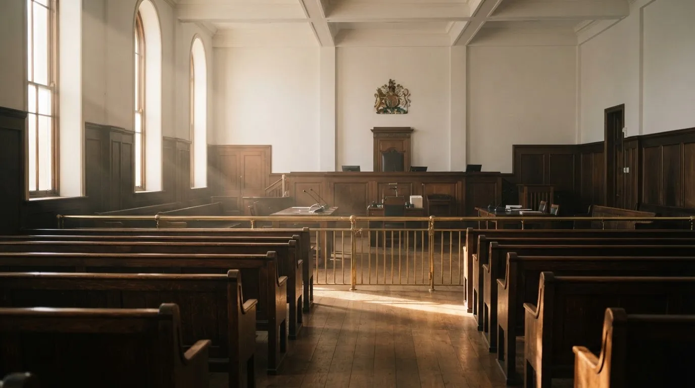 Una sala de tribunal vacía con bancos de madera a la luz de la mañana