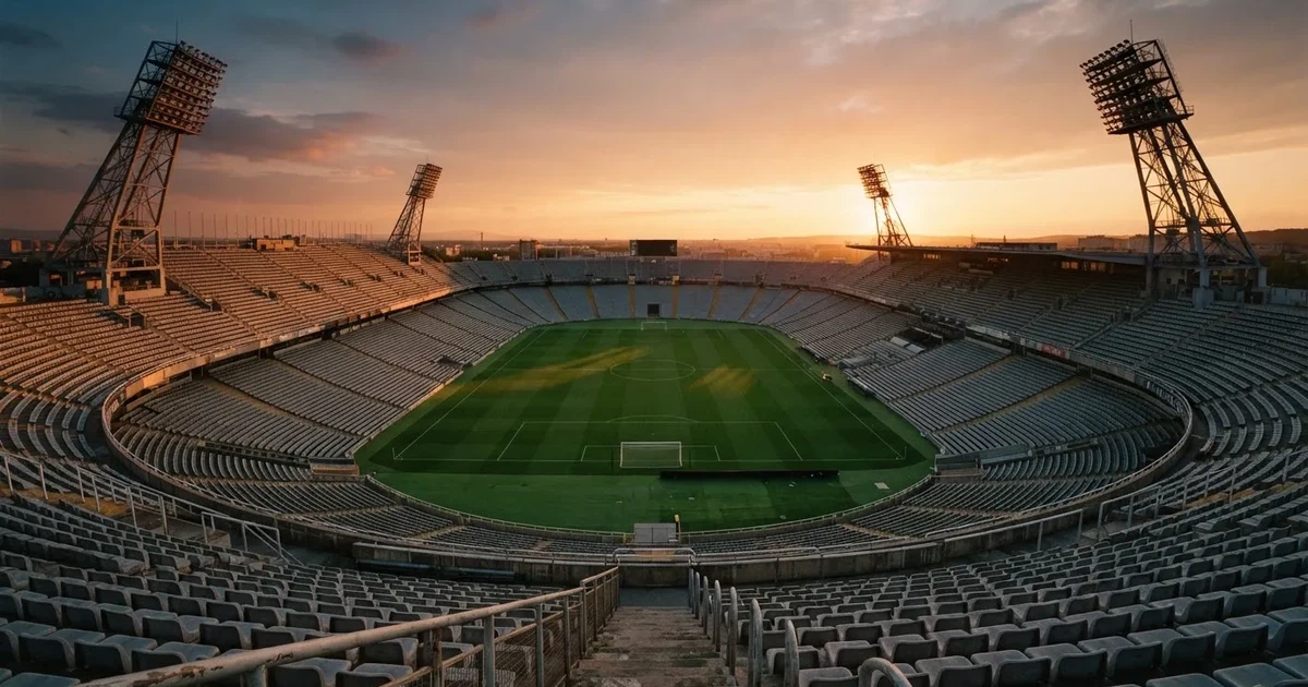 Un estadio de fútbol vacío con torres de iluminación al atardecer