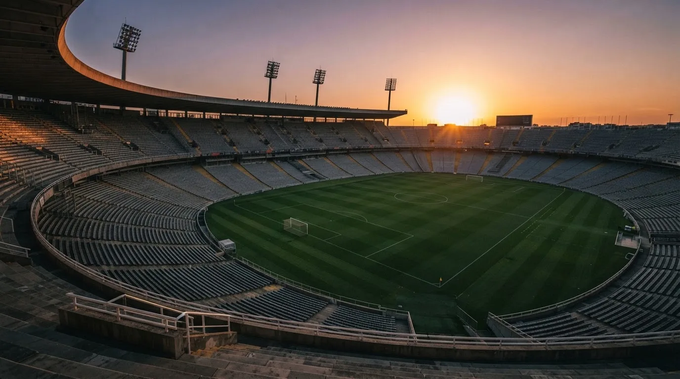 Un estadio de fútbol vacío con torres de iluminación al atardecer