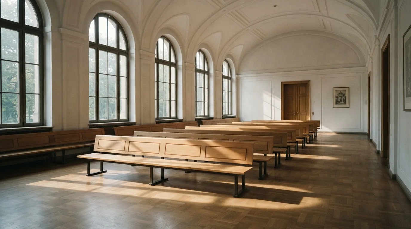 Una sala de tribunal vacía con bancos de madera a la luz de la mañana