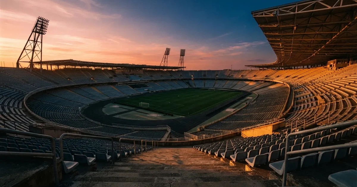 Un estadio de fútbol vacío con torres de iluminación al atardecer