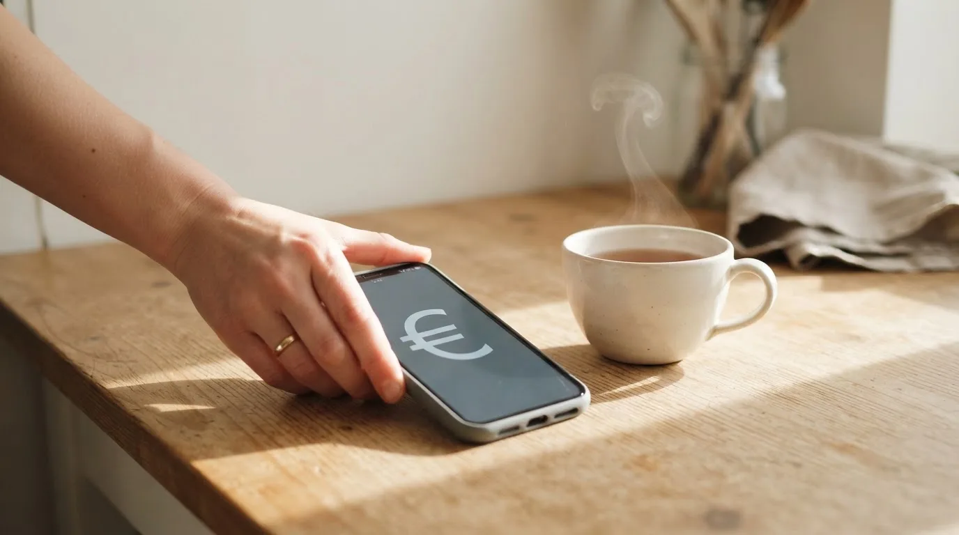 Una mano deja un móvil junto a una taza de té sobre la mesa de la cocina, una tarde tranquila