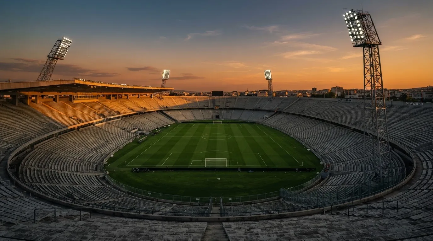 Un estadio de fútbol vacío con torres de iluminación al atardecer