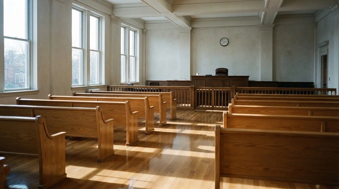 Una sala de tribunal vacía con bancos de madera a la luz de la mañana