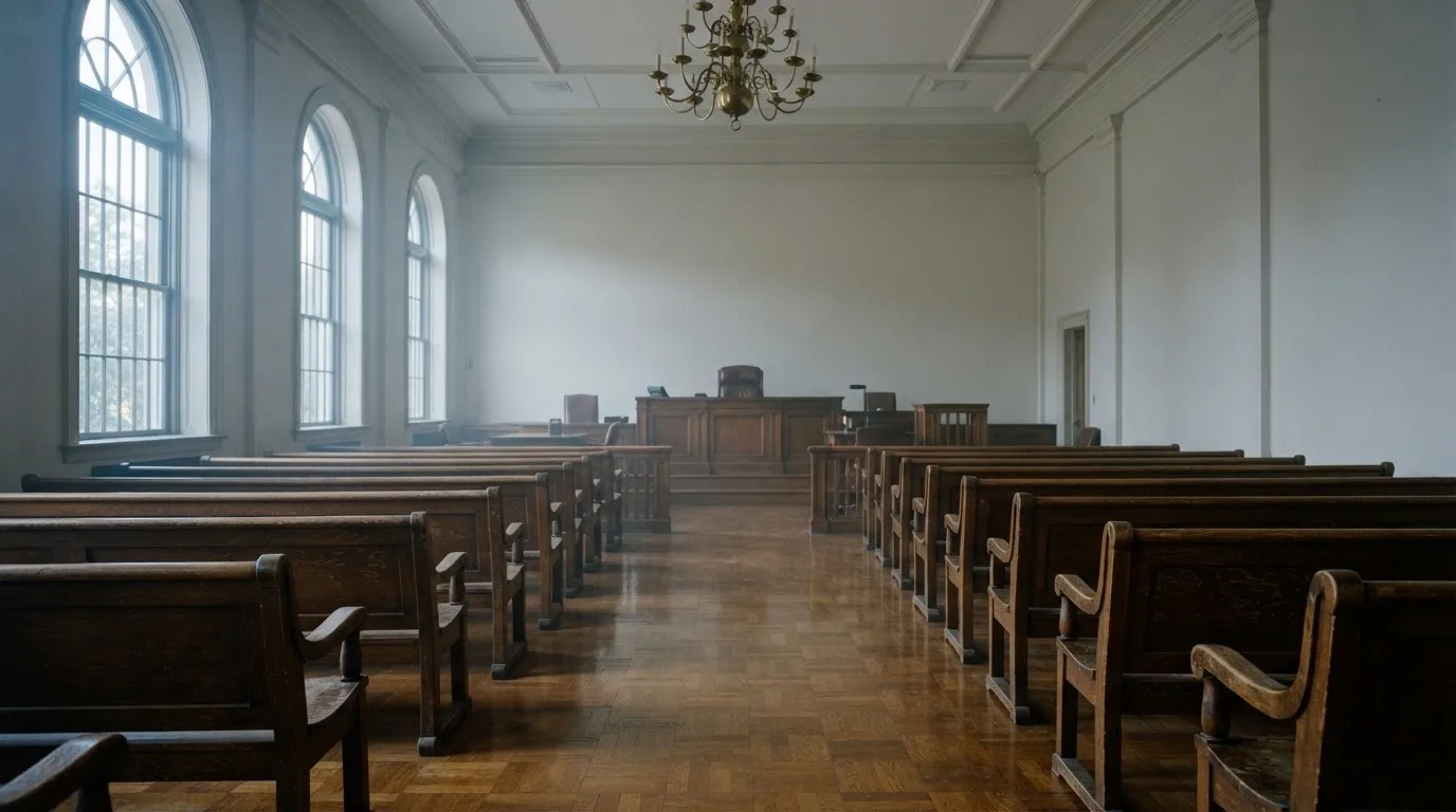 Una sala de tribunal vacía con bancos de madera a la luz de la mañana