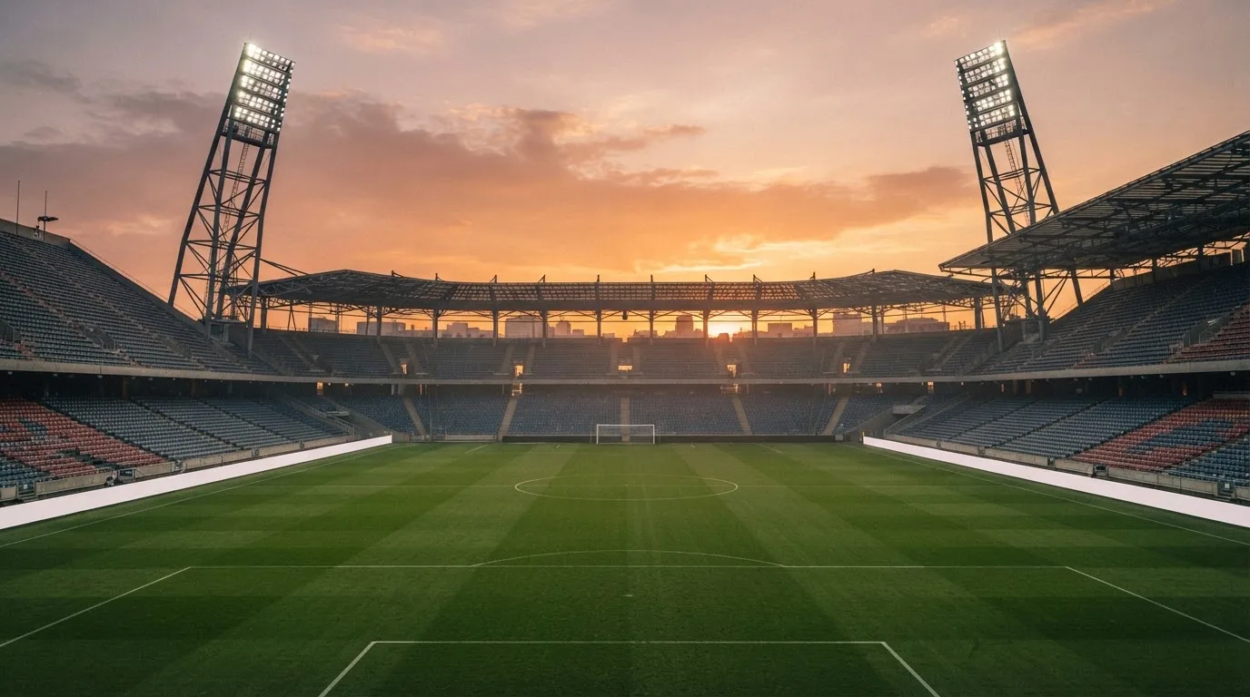 Un estadio de fútbol vacío con torres de iluminación al atardecer