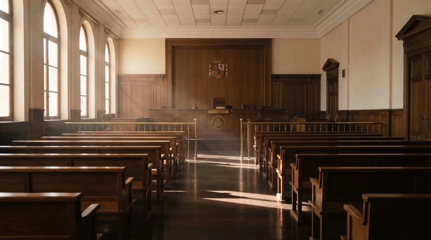 Una sala de tribunal vacía con bancos de madera a la luz de la mañana
