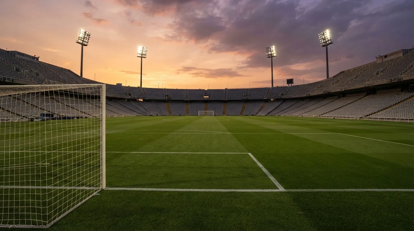 Un estadio de fútbol vacío con torres de iluminación al atardecer