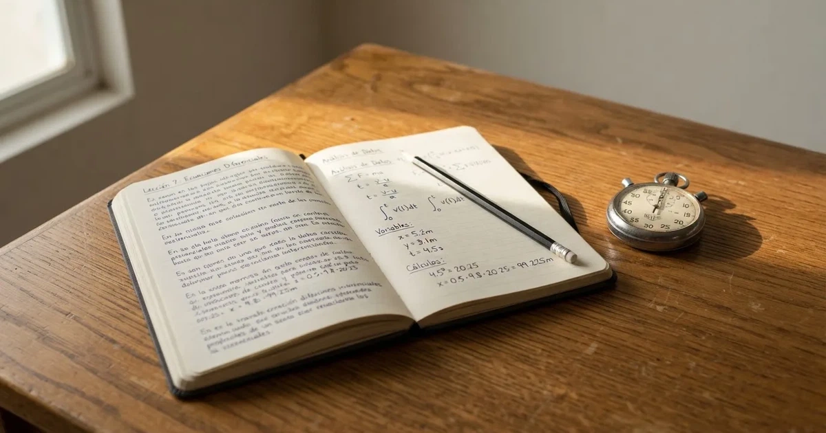 Un cuaderno abierto con un lápiz y un cronómetro sobre una mesa de madera