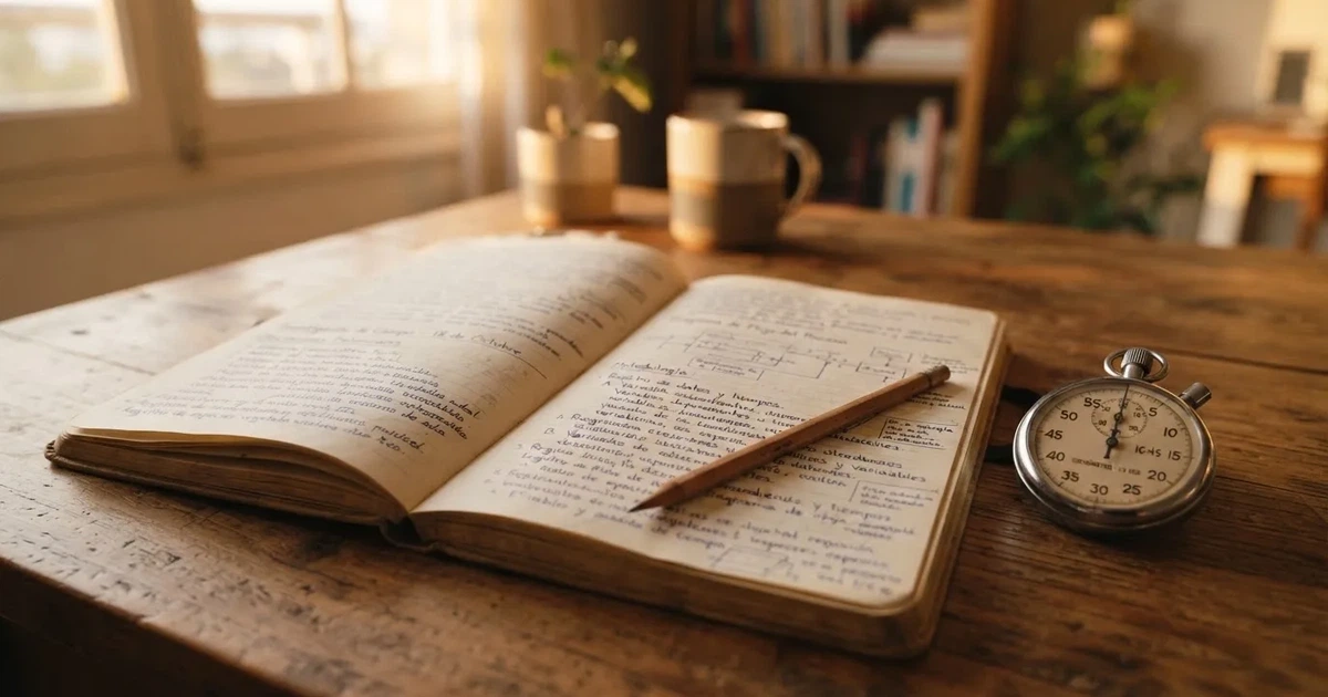 Un cuaderno abierto con un lápiz y un cronómetro sobre una mesa de madera