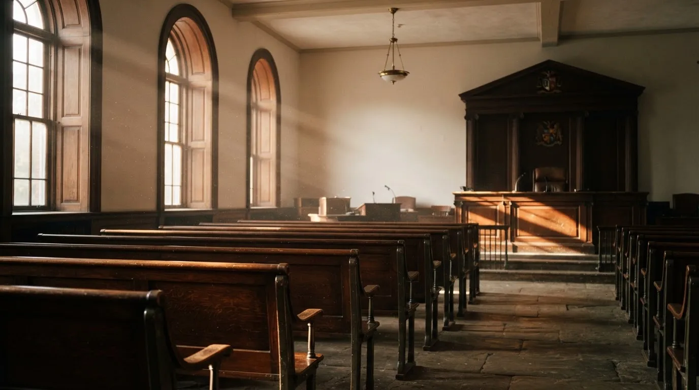Una sala de tribunal vacía con bancos de madera a la luz de la mañana