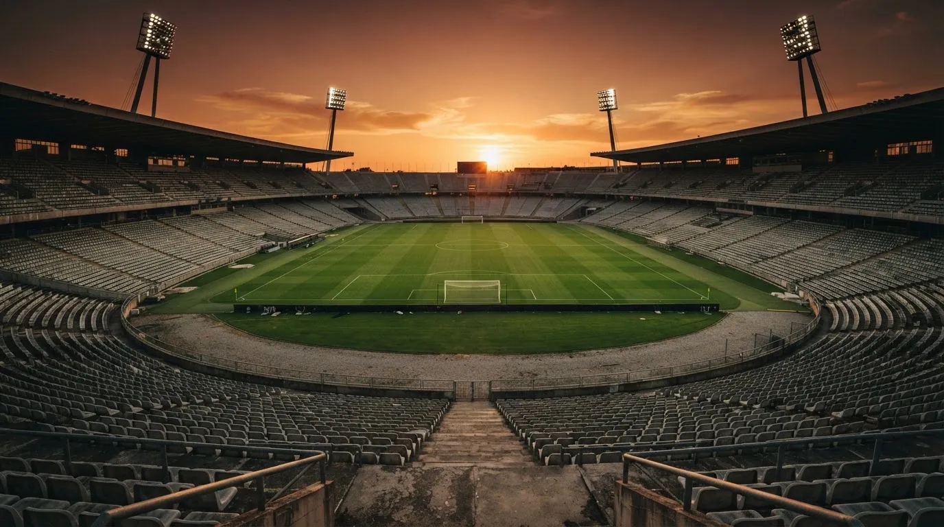 Un estadio de fútbol vacío con torres de iluminación al atardecer